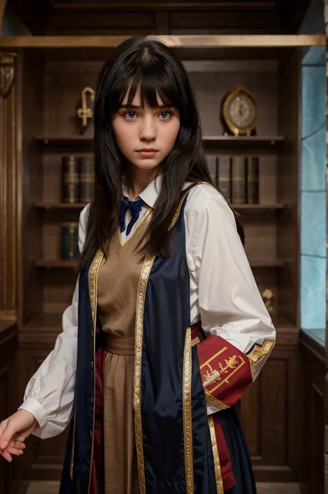 a realistic 17 years old woman formal, dressed in hogwarts gryffindor uniform, have a black hair with bangs and blue eyes and the background is elegant