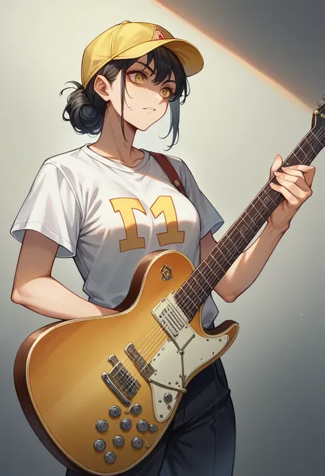 ((Highest quality)), ((masterpiece)), (detailed),   A female vocalist of a girl band, a black-haired girl playing an electric guitar、Revolution Yellow Fukuoka SoftBank Hawks baseball cap 、Wearing a revolution yellow Fukuoka SoftBank Hawks baseball shirt、ro...