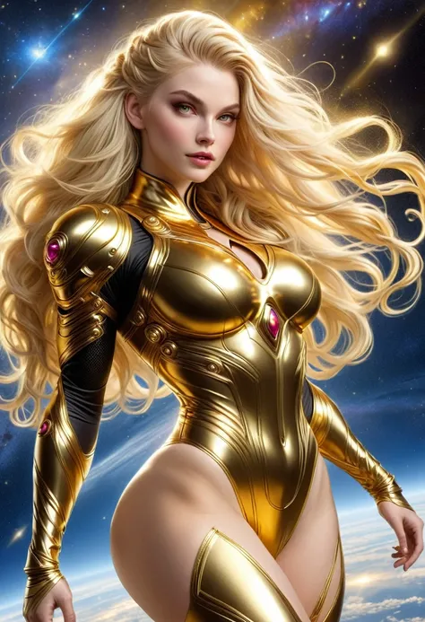 BOMBSHELL BLONDE VALKYRIE FLYING OUTERSPACE, , PALE SKIN, YELLOW EYES, HIGH CHEEKBONES, ROSY CHEEKS, MENTAL FORAMEN, HUGE LONG HAIR, DOUBLE BRAIDED HAIR, GOLD THONG LEOTARD ARMOUR, LONG SLEEVES, GOLD UNDER BODYSUIT, GOLD NECK BODYSUIT, LONG GOLD GAUNTLETS,...