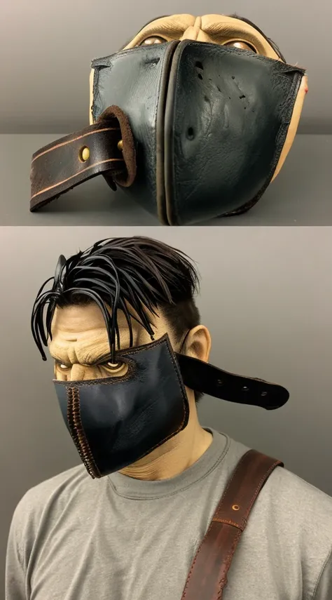 A realistic, detailed leather mask inspired by Leatherface from The Texas Chainsaw Massacre, isolated on a plain background, showing only the mask with no character or face.