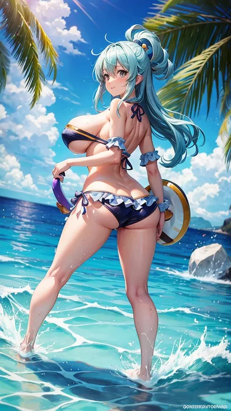 Konosuba water character in bikini, showing her big beautiful breasts and her beautiful ass 