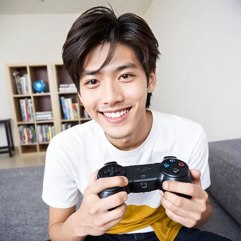 male　youth　university student　japanese　a refreshing look　holding a game controller in hand　looking at the camera　smile　wide angl...