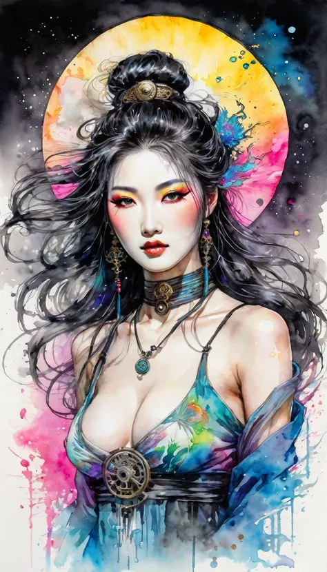 psychedelic, steampunk, cyberpunk, neon, sumi-e, traditional chinese ink art, of a beautiful korean goddess, in the style of luis royo, in the style of Victoria Frances, trending on artstation, watercolour, bright colors, Beautiful, stunning, windy, slende...