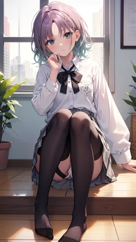 (8K、Best image quality、Highest quality、masterpiece)、One tall girl、((whole body))、Sit on the floor with your legs spread、White panties are visible、Long Hair、Wavy Hair、blush、Medium Bust、White collared shirt、Short sleeve、((Checkered pleated mini skirt))、Class...