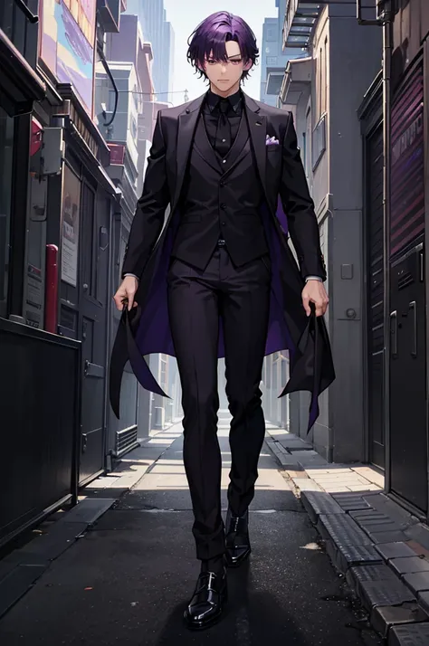 1man, dark purple hair, dark purple eyes, black suit, standing on ground, high res, ultra sharp, 8K, masterpiece