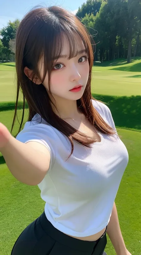 best quality, ,surreal, very natural, very detailed, in detail, highest resolution, 8K wallpapers, Complete dynamic configuration, beautiful detailed eyes,  natural lip, sexy golf clothes , big bust, split, random sexy poses, whole body