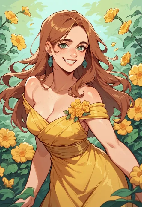 A beautiful woman with long hair, she looks at us smiling, wearing a yellow gown, surrounded by a background of bright flowers,