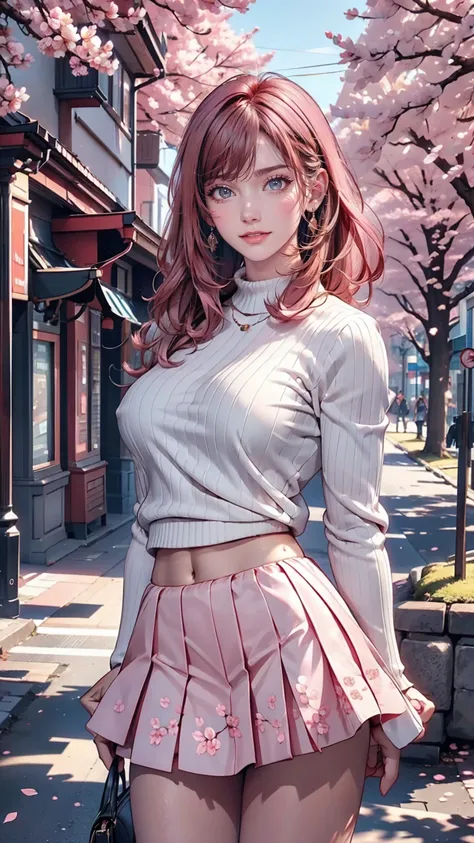 masterpiece, Highest quality, Super detailed, figure, Wide-angle, A girl is standing in the middle of the road, alone, The road in the middle and pink cherry blossom trees on the roadside, whole body, 20th Generation, Pink Hair, sweater, Short skirt, fashi...