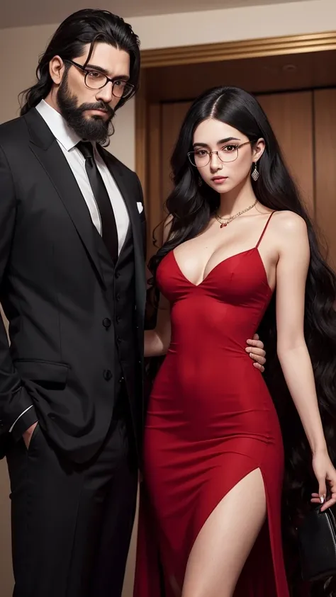 Cover for a mafia book. A young woman in a plain red dress, with long black half-wavy hair and glasses next to a handsome man in a black suit, with beard, well cut black hair, serious, strong and tall. The couple will be in the background of an office.