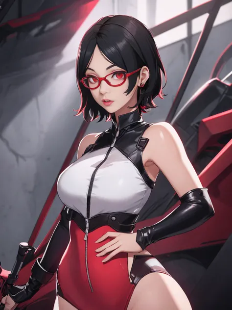 1girl, solo, black hair, short hair, Red eyes, frameless glasses, closeup shot,, detailed art. Curved hips, Thick thighs,, bare shoulders, scary basement background,, facing viewer, hands on hips, shiny hair, sexy hips. Dark pink painted lips, wet skin, (e...