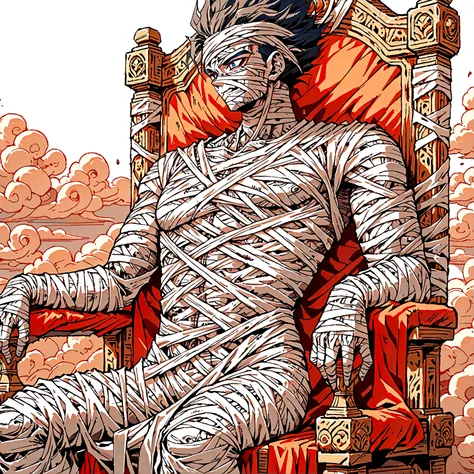 male mummy sitting on throne made of clouds