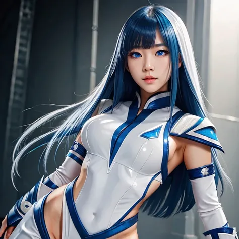 Korean girl, white long hair with bangs, icy blue eyes, white skin, white skimpy ninja suit, video game style, mortal kombat style