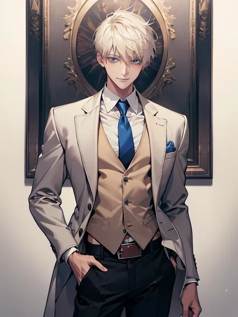 (Masterpiece, highres, best quality, finely detailed), male, smile expression facade, platinum blonde hair, short hair, White blazer, white shirt, blue tie, tan vest cardigan, belt, black pants, blue eyes, student, super detail, accurate.