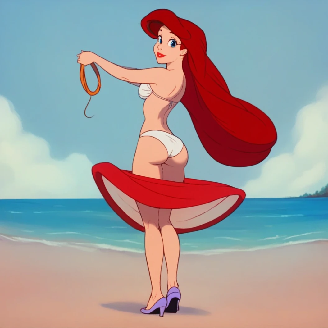 ariel, 1girl, fair skin, red lips, red hair, large aqua-blue eyes, human, 1girl solo, outdoors, beachfront, looking at viewer, detailed rear view, topless, standing, wiggling her bottom,  full view, legs, purple heels,  white panties, hula dance, white bra...