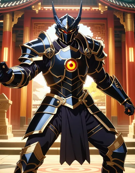 An epic close-up of the dark paladin, looking at the viewer, (alone), Full light armor, (The armor covers the entire body), negro, golden edges, Dragon Eye Inlaid Armor, combat pose, full body shot, in a temple in the background, anime screencap, Masterpie...