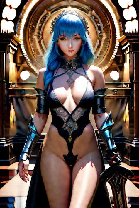 ultra detailed complex 3D rendering of a beautiful anime character, beautiful soft studio light, rim light, vibrant details,luxurious, lace, hyper-realistic, blue hair, showing intimate parts with ultra realism medieval world, holding a sword  