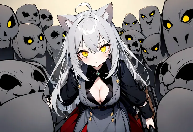 Surrounded by enemieasterpiece, best quality:1.2), 1girl, 独奏、Gray cat ears、Point your gun at us、Grey long hair、Ahoge、Yellow Eyes、Gray cat ears、The hoodie I took off was my carry-on baggage.、Ready your gun?、sniper rifle、Background of military bases、Fisheye ...