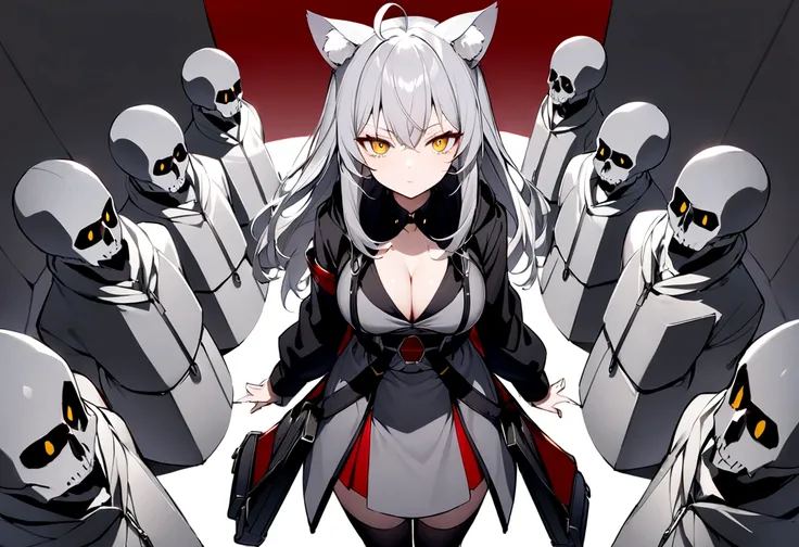 Surrounded by enemieasterpiece, best quality:1.2), 1girl, 独奏、Gray cat ears、Point your gun at us、Grey long hair、Ahoge、Yellow Eyes、Gray cat ears、The hoodie I took off was my carry-on baggage.、Ready your gun?、sniper rifle、Background of military bases、Fisheye ...