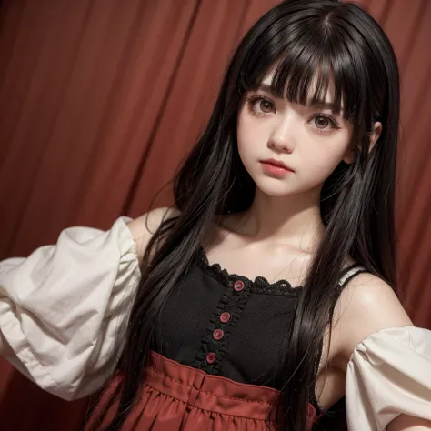 doll style "Blythe doll" with black eyes and hair(with reddish tones), style bangs "crispy bangs" with very few hairs attached