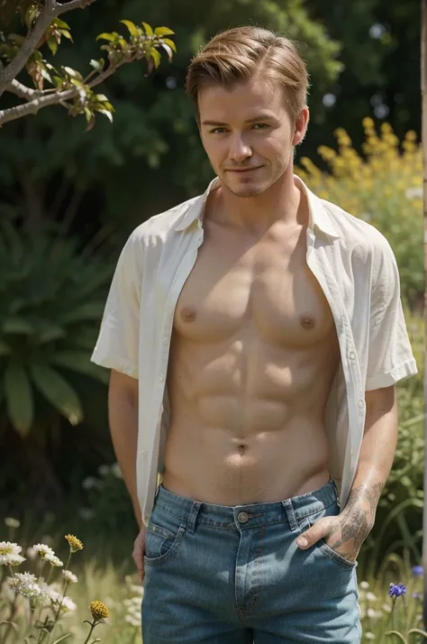 ((OPEN SHIRT))), SHORT PANTS,  AS KID DAVID BECKHAM, A young boy with a bright smile and curious gaze stands tall in a lush green meadow, surrounded by wildflowers. His blonde hair, SHORT HAIR, UNDERCUT HAIR,  ruffles gently in the breeze as he surveys his...