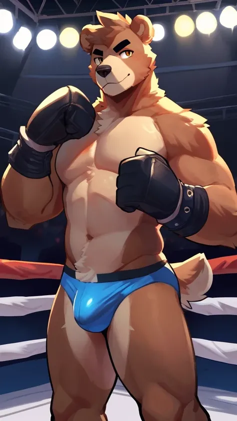 Solo, male, bulge, by bigcozyorca, by goonie-san, by bebebebebe, by spikedmauler, front view, big buff , masterpiece,best quality,detailed background,hi res,  inside,fighting ring, solo,solo focus,male,male focus,anthro,bear,(athletic), (brown fur,brown bo...