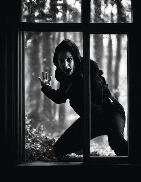 very dark focused flash photo of found footage of a female thief in black burglar costume gasping in shocked from behind the window of a dark bedroom at night with a dark forest in the background