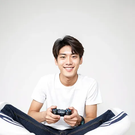 male　youth　university student　japanese　a refreshing look　holding a game controller in hand　looking at the camera　smile　wide angl...