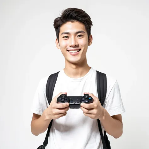 male　youth　university student　japanese　a refreshing look　holding a game controller in hand　looking at the camera　smile　wide angl...