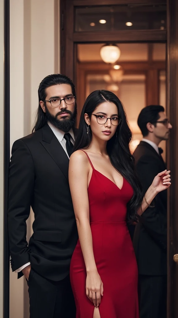 Cover for a mafia book. A young woman in a plain red dress, with long, wavy black hair and glasses. And a handsome man in a black suit, with beard, with well-cut black hair, serious, strong and tall. The couple will be in the background of an office.