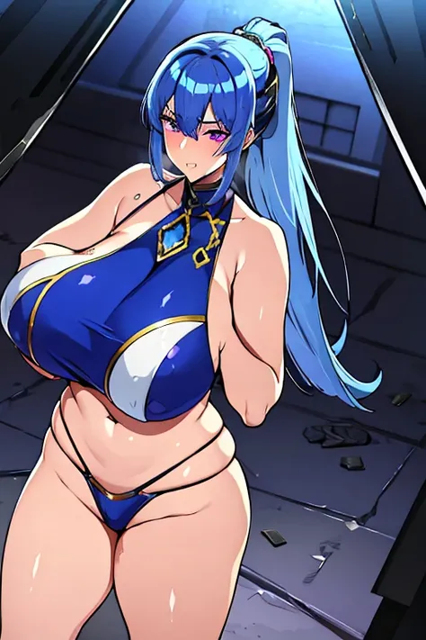 ((Ultramarine hair with white accents,Two-tone hair color,)),Purple eyes,Anime girl in black and yellow clothes, For more information, ,Play sports often,bikini, A strong and stylish female magician, The scales that cover her chest, Fluffy breasts,The scal...