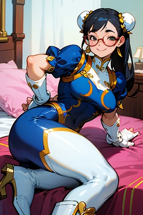 A chubby girl with black hair, freckles and glasses, dressed as Chun-Li in white boots, smiling gently in her room