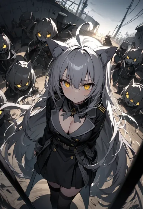 Flying the national flag、Dark room、Dynamic Angles、ドイツのFlying the national flag、Suspicious Gathering、Surrounded by enemieasterpiece, best quality:1.2), 1girl, 独奏、Gray cat ears、Grey long hair、Ahoge、Yellow Eyes、Gray cat ears、Background of military bases、Fishe...