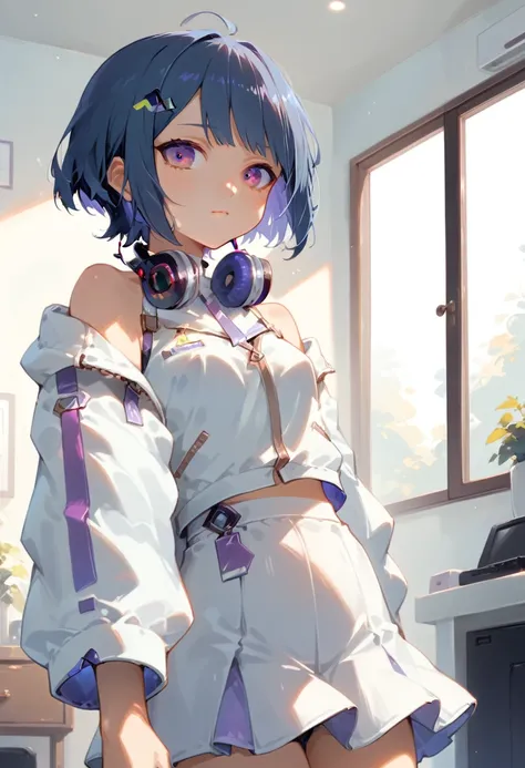 Koshimizu Toru（Nijisanji）,headphone,Short Hair,Dark blue hair,White jacket,Black innerwear,White tight skirt,Inside the house,neon