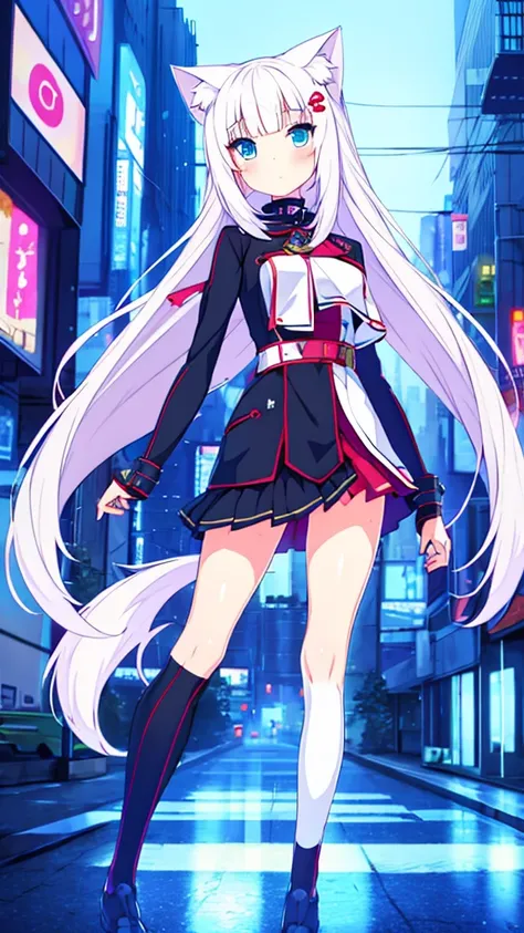 1 beautiful girl, great image quality ,nekomimi, with lots of detail, ray tracing, in a gaming,outfit anime, long stockings, blue eyes, white hair, , in a cyberpunk city , perfect anatomy, 