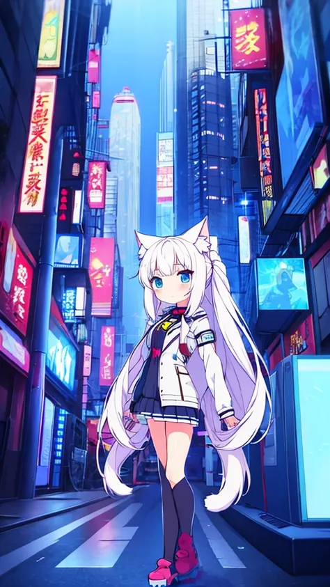 1 beautiful girl, great image quality ,nekomimi, with lots of detail, ray tracing, in a gaming,outfit anime, long stockings, blue eyes, white hair, , in a cyberpunk city , perfect anatomy, 