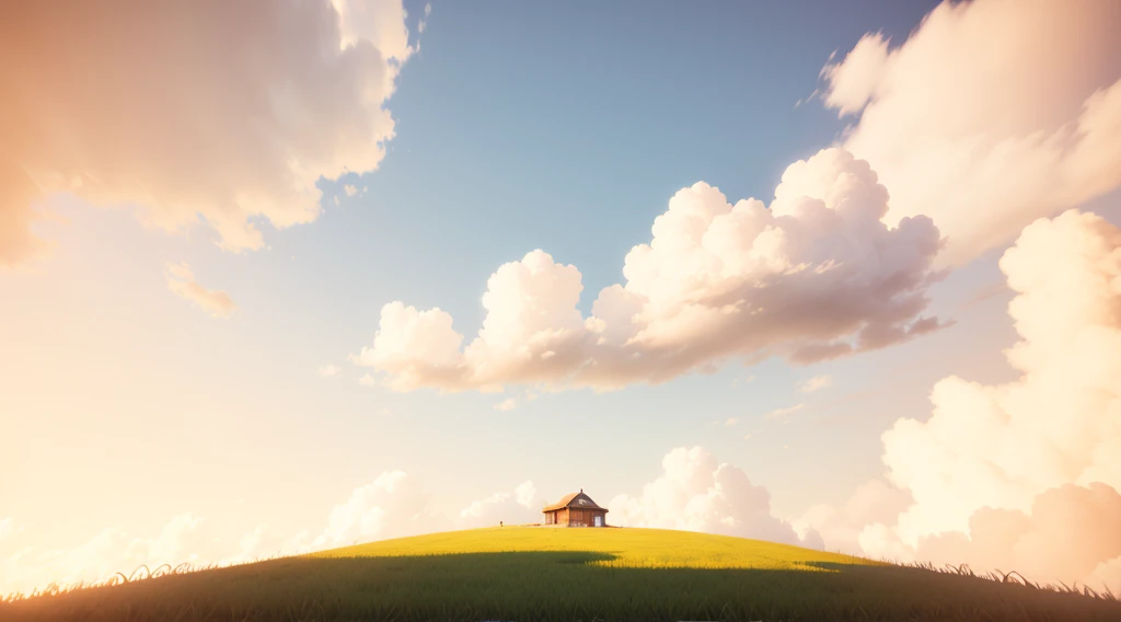 Blue sky and white clouds，Game architecture design, Cartoon,，casual game style, ,C4D，，masterpiece，Super Detail，Best quality，grassland，it&#39;s clear，Blue sky and white clouds，Many clouds，Light，黄绿色的grassland，3d，C4D，high quality，unmanned，