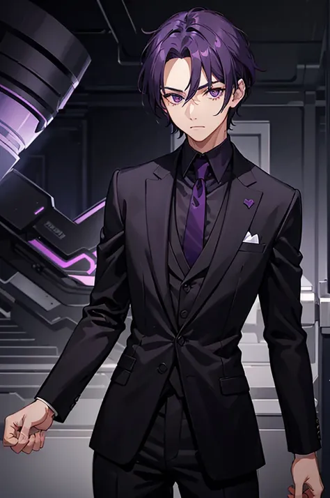 1man, dark purple hair, dark purple eyes, black suit, standing on ground, high res, ultra sharp, 8K, masterpiece