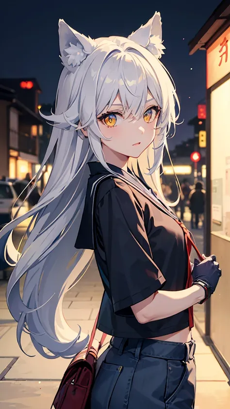 Colorful, 1girl, (blue gloves, blue t-shirt, black shirt, open shirt, glowing eyes) , confidence, long wild hairstyle, hair between eyes ,gray hair, yellow eyes, wolf ears, small breast, tomboy, wallpaper, landscape, depth of field, noon, city, street, wal...