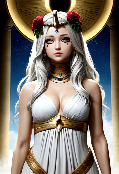 (best quality,4k,8k,highres,masterpiece:1.2),ultra-detailed,realistic,norwegian girl,white hair,white outfit,pharaoh haircut,roses in hair,detailed eyes, clothe of goddess, detailed lips,star under one eye, night background, street lamps lighting up the sc...