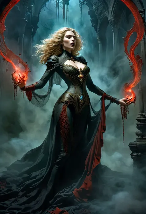 dark fantasy, dramatic lighting, full body shot, wide angle,dynamic angle, deep shadows, a female vampire and her thrall, extrem...