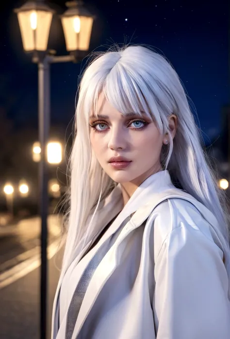 (best quality,4k,8k,highres,masterpiece:1.2),ultra-detailed,realistic,norwegian girl,white hair,white outfit,pharaoh haircut,roses in hair,detailed eyes, clothe of goddess, detailed lips,star under one eye, night background, street lamps lighting up the sc...