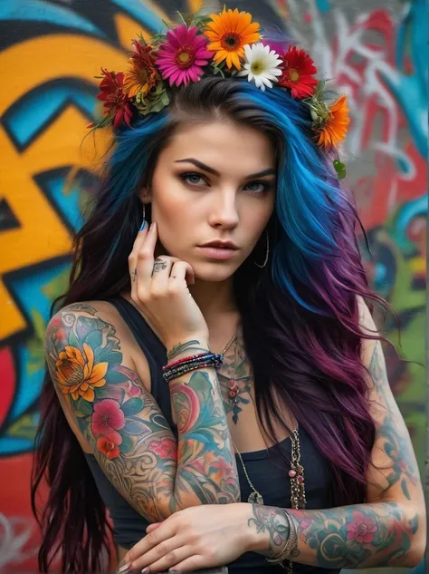 (Rebel European girl)，Brightly colored tattoos on arms and legible raised finger:1.3)，provocative gestures，long flowing hair，The arrogant expression is bold and bright must be surrounded by intricate，Detailed flowers and mandalas，anatomically correcte, tex...