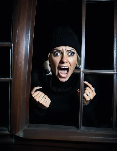 very dark focused flash photo of found footage of a female thief in black sweater and a beanie gasping in shocked from behind the window of a dark bedroom at night with a dark forest in the background