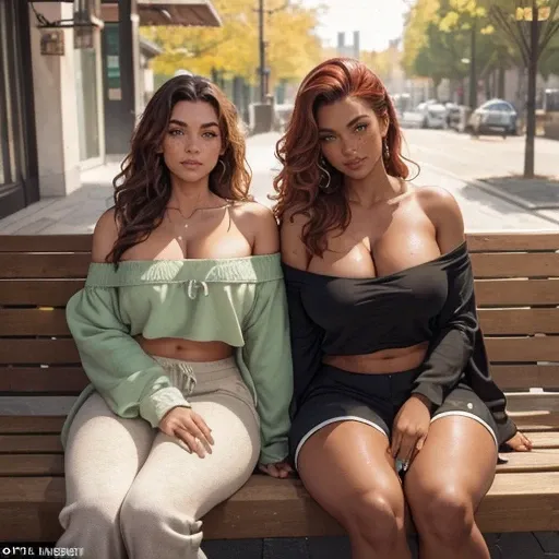 Two women with different colored natural hair next to each other, Athletic fit muscular 30 year old fitness athlete woman, amazingly long wavy  voluminous flowing hair down her back to her thighs, big beautiful green eyes, MANY freckles, muscle tone, wet a...