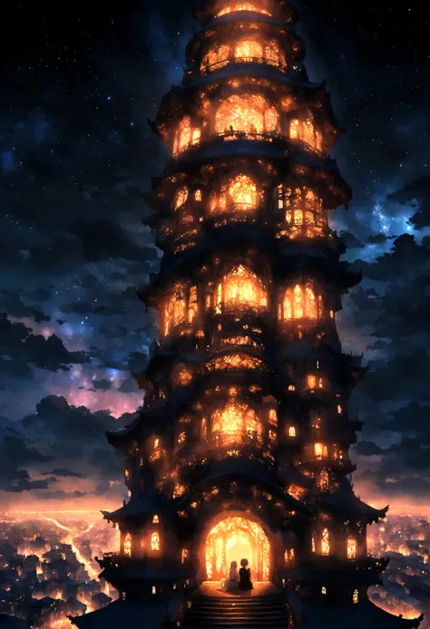 Gojo Satoru sitting on a huge tower, looking at the city, City is shining with full of lights at the night time, sky is shining with beautiful stars in the night.