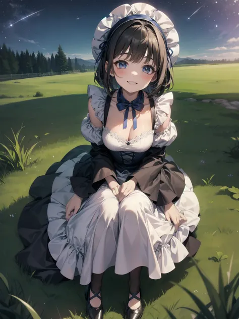 A serene outdoor scene unfolds at dusk, with a brilliant blue sky transitioning into a canvas of twinkling stars. A beautiful young girl, dressed in a stunning white and black gothic maid dress adorned with a navy blue ribbon, stands amidst lush green gras...