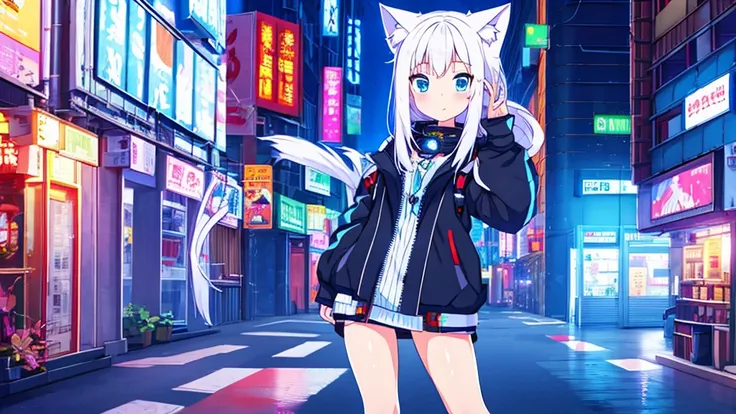 1 beautiful girl, great image quality ,nekomimi, with lots of detail, ray tracing, in a gaming,outfit anime, long stockings, blue eyes, white hair, , in a cyberpunk city , perfect anatomy, 