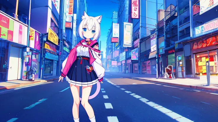 1 beautiful girl, great image quality ,nekomimi, with lots of detail, ray tracing, in a gaming,outfit anime, long stockings, blue eyes, white hair, , in a cyberpunk city , perfect anatomy, 