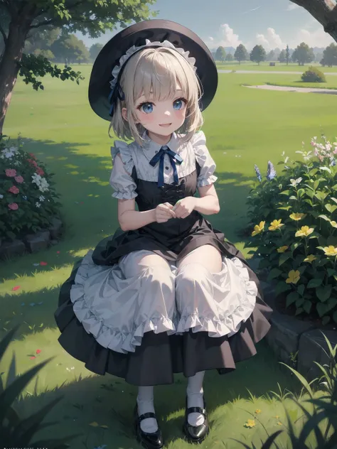 A serene outdoor scene unfolds at dusk, with a brilliant blue sky transitioning into a canvas of twinkling stars. A beautiful young girl, dressed in a stunning white and black gothic maid dress adorned with a navy blue ribbon, stands amidst lush green gras...