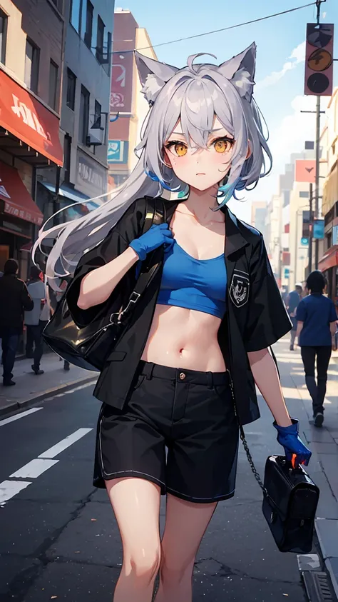 Colorful, 1girl, (blue gloves:1.2, blue t-shirt, black japanese shirt:1.1, open shirt:1.1, japanese school pants:1.2, glowing eyes) , v-shaped eyebrows, long wild hairstyle, hair between eyes ,gray hair, yellow eyes, wolf ears, small breast, tomboy, wallpa...